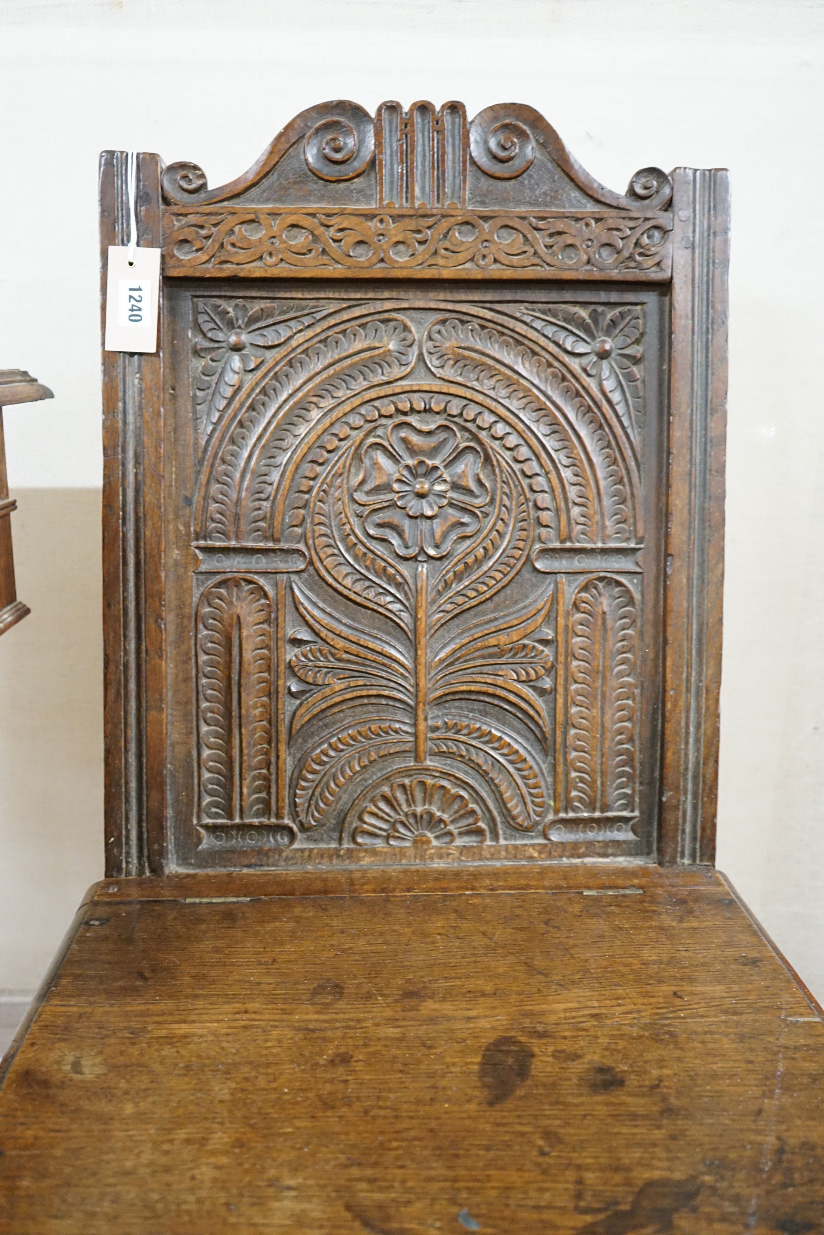 An 18th century oak box seat chair, width 46cm, depth 38cm, height 98cm